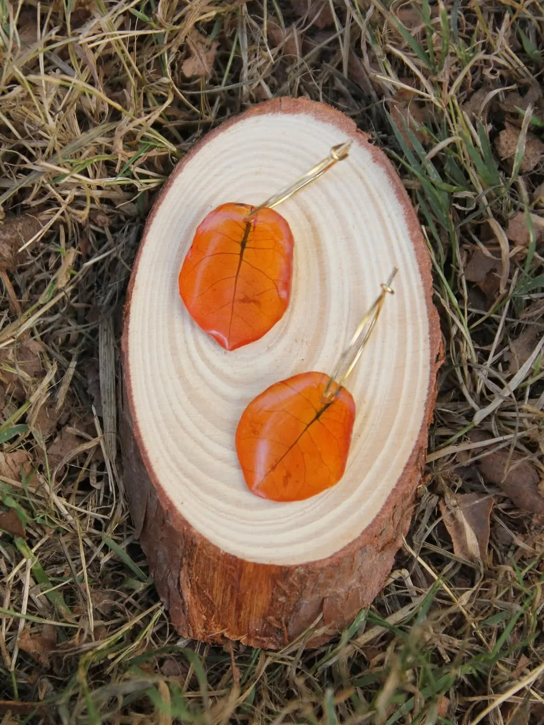 Pendientes con farolillos naranjas en resina, sobre un tronco cortado